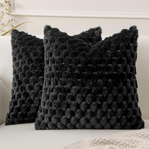 MIULEE Black Faux Fur Decorative Throw Pillow Covers 18x18 Inch Set of 2 Super Soft Cozy Plush Cushion Cases Luxury Fluffy Pillowcases for Sofa Couch Bed Living Room - color: Black, size: 18" x 18" (Pack of 2)
