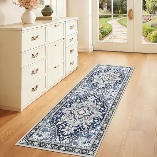 2x6 Washable Navy Blue Boho Runner Rug with Non-Slip Backing - Low Pile Farmhouse Hallway Runner for Kitchen, Bathroom, Entryway - Washable Long Indoor Carpet, Vintage Floor Mat, Navy Blue Multi - color: Navy Blue& Multi, size: 2' x 6' (Runner)