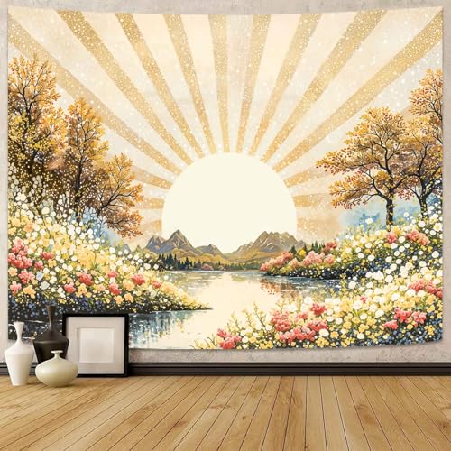 Lunerfex Sunburst Floral Tapestry - Nature Landscape Wall Hanging with Forest and Lake - Rustic Cottagecore Decor 80"x60" - color: Bright Yellow, size: 80"L x 60"W