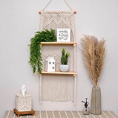 SnugLife 2 Tier Macrame Wall Hanging Shelf with Woven Rope - Boho Pine Wood Shelves for Plants, Bathroom, Kitchen - size: 2 Tier