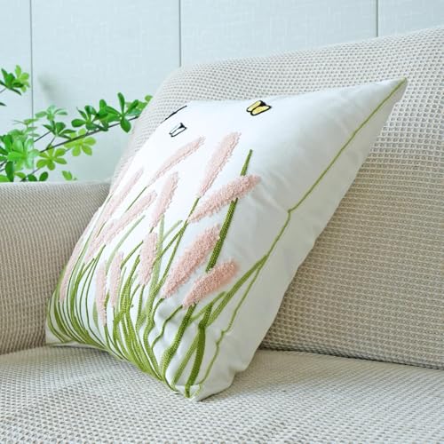vctops Farmhouse Pampas Grass Cotton Tufted Throw Pillow Cover Boho Embroidery Pillowcase Soft Square Cushion Case for Sofa Couch Bed Chair (Light Pink,18"x18") - color: Light Pink