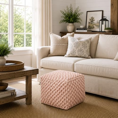 Casafield Square Pouf Ottoman, Light Pink 18.5" W x 18.5" D x 14.5" H Cotton Knit Foot Stool - Boho Floor Pouffe for Living Room, Bedroom, Home Office - color: Light Pink, size: 18.5"D x 18.5"W x 14.5"H