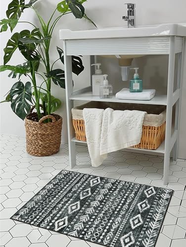 Lahome Moroccan Small Rug 2x3, Black and White Non-Slip Washable Indoor Front Door Mat with Rubber Backing, Low-Profile Modern Farmhouse Boho Area Rug for Entryway Bathroom Kitchen Decor Varena - color: Black/White, size: 2' x 3'