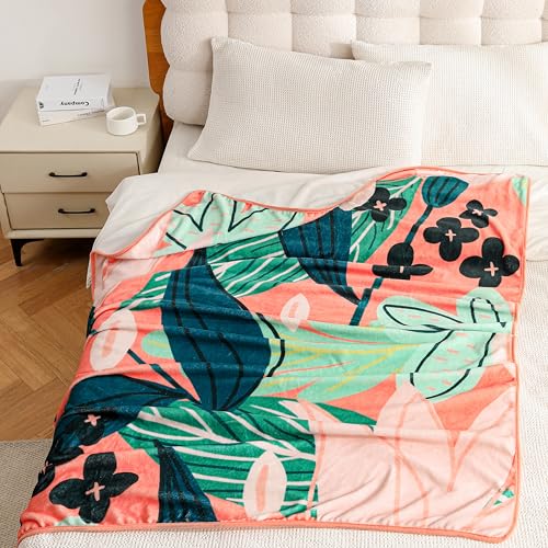 Tyrot Boho Floral Flannel Fleece Throw Blanket – Soft, Warm & Lightweight Fuzzy Blanket for Couch, Bed, or Sofa Decor, Cute Botanical Design for Women & Girls, 50''x60'', Coral - color: Coral Breeze, size: Throw(50''x60'')