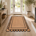 Braided Scalloped Jute Rug Natural with Black Trim, Handmade Farmhouse Boho Area Rug for Entryway, Kitchen, Hallway, Living Room, Bedroom, Rustic Woven Floor Rug - (Black- 3X5 ft) - size: 3' x 5' (Rectangular)