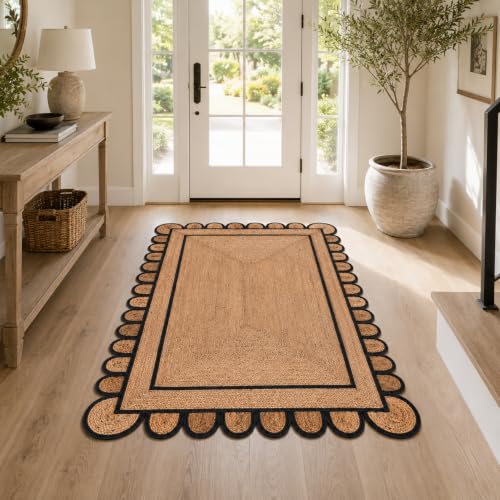 Braided Scalloped Jute Rug Natural with Black Trim, Handmade Farmhouse Boho Area Rug for Entryway, Kitchen, Hallway, Living Room, Bedroom, Rustic Woven Floor Rug - (Black- 3X5 ft) - size: 3' x 5' (Rectangular)
