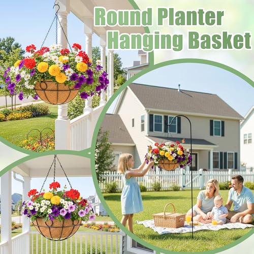 2 Pack 12 Inch Hanging Baskets for Plants Outdoor Metal Hanging Planters Round Hanging Flower Pots with Coco Coir Liner Plant Holder for Outdoor Patio Garden Balcony Decor - Circular - color: Circular