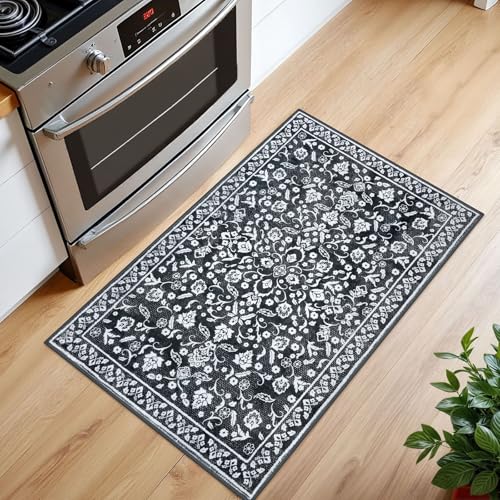 Vintage Entryway Rug Indoor, Charcoal Black White Washable Rug 2x3, Non-Slip Small Area Rug, Floral Print Thin Faux Wool Super Soft Door Mat for Kitchen, Entrance, Bedroom, Office - color: Charcoal Black White, size: 2' x 3' (Rectangular)