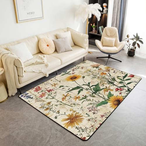 Erosebridal Boho Flower Floral Area Rug 6'6" x 4'11" Botanical Neutral Living Room Rugs Vintage Landscape Wildflower Decorative Carpet Retro Country Indoor Floor Mat - color: Beige Yellow, size: 4'11" x 6'6" (Rectangular)