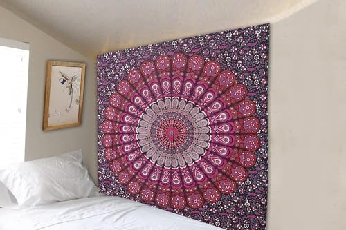 FURNISHFUL FINESSE Handmade Cotton Peacock Mandala Tapestry - Purple Pink Ombre Boho Wall Decor, Bohemian Hippie Room Hanging for Bedroom & Dorm Aesthetic - 30x40 Inches - color: Purple Pink, size: 40"L x 30"W