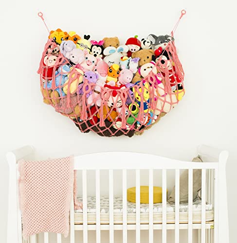 Large Stuffed Animal Net or Hammock for Flat Wall Mounted Handmade Macrame Toy Hammock Plush Display (Pink) - color: pink, size: 60" W