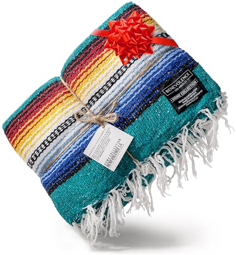 Benevolence LA Mexican Blanket, Authentic Handwoven Yoga Blanket & Outdoor Blanket, Made by Traditional Mexican Artisans, Saddle Blanket, Beach Blanket, Picnic Blanket, & Car Blanket 75 x 52 - Agua - color: Agua