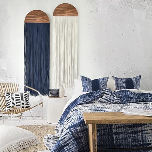 2 Pcs Macrame Wall Hanging Fiber Wall Art Boho Fringe Wall Decor Handmade Modern Textile Tapestry for Living Room Bedroom Apartment Scandinavian Home Decor 13.7" W x 51" L - color: Blue and Ivory