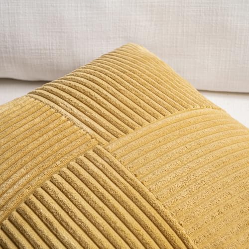 Fancy Homi 2 Packs Mustard Yellow Samll Decorative Throw Pillow Covers 12x12 Inch with for Couch Bed Sofa, Rustic Farmhouse Boho Home Decor, Soft Corss Patchwork Corduroy Square Cushion Case 30x30 cm - color: Mustard Yellow, size: 12" x 12" (Pack of 2)