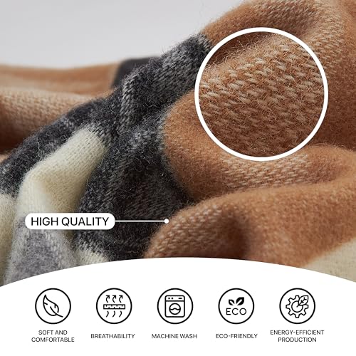 | Wool Blanket/Throw | 100% New Zealand Wool | Perfect for Home and Outdoors | Virgin Wool Throw with Fringes 67"x79" (170 x 200 cm) - color: Caramel Geometry, size: Queen