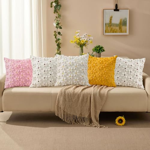 DFXSZ Spring Summer Pillow Covers 18x18 inch Set of 2 Farmhouse Decor Yellow Flower Heart Daisy Soft Plush Faux Fur Jacquard Throw Pillows for Bedroom Sofa Holiday Spring Summer Home Decor PTK024AP18 - color: Pink Daisy, size: 18" x 18" (Pack of 2)