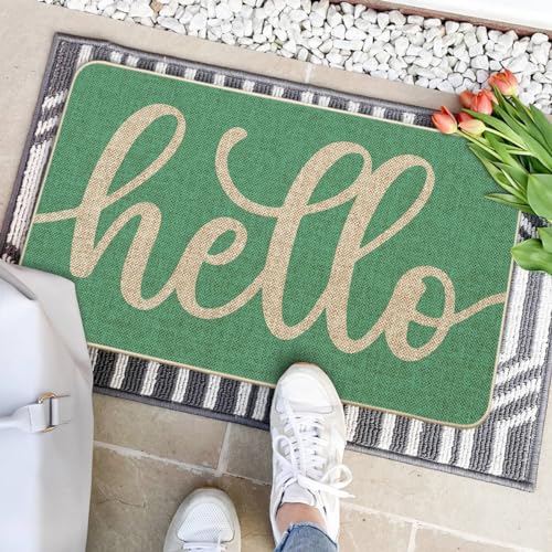 Artoid Mode Aqua Turquoise Hello Summer Doormat, Spring Home Decor Low-Profile Switch Rug Door Mat Floor Mat for Indoor Outdoor 17x29 Inch - color: Aqua, size: 17" x 29"