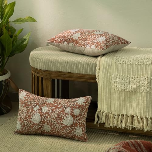 Handblock Printed Vintage Indian Cotton Decorative Throw Pillow Covers, Set of 2 (Brick Brown, 12" x 20" (Pack of 2)) - color: Brick Brown, size: 20" x 12" (Pack of 2)
