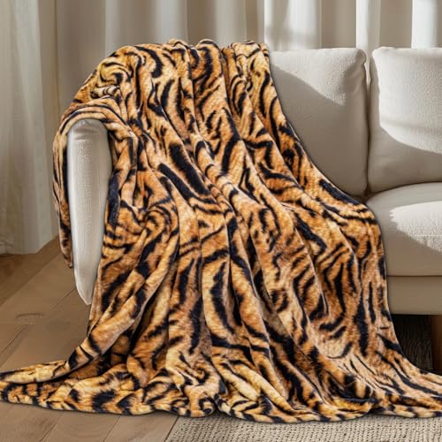 MACEVIA Flannel Fleece Throw Blanket for Couch, Brown Tiger Print Blanket, Fuzzy Cozy Comfy Super Soft Fluffy Plush Animal Print Blankets for Bed Sofa, Suitable for All Seasons (Tiger,50x60inches) - color: Tiger Print 01, size: Flannel Fleece (50x60 IN)