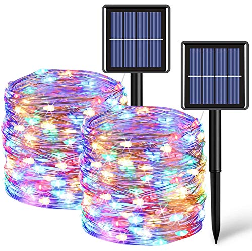 QITONG Multicolor Solar Fairy Lights, 2 Pack Each 66ft 200 LED String Lights Outdoor, Silver Wire Solar Christmas Lights with 8 Modes - color: Multicolor