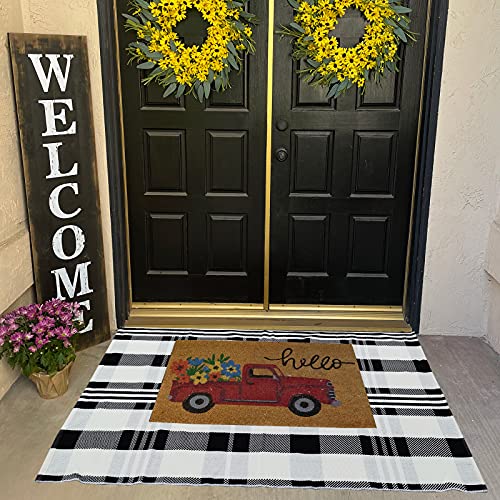 CAINANEL Buffalo Plaid Outdoor Rug Black and White Check Rug 35.4'' x 59'' Cotton Hand-Woven Checkered Front Welcome Door Mat Indoor/Outdoor Area Rug for Front Porch,Kitchen,Entry Way,Living Room - color: Black&white Plaid, size: 3' x 5' (Rectangular)