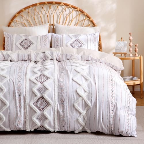 Herside Light Brown 100% Cotton Duvet Cover Set King Size, 3-Piece Tufted Textured Modern Boho Moroccan Bedding, Aztec Geometric Farmhouse Comforter Cover with 8 Corner Ties & Double Zipper - color: Light Brown, size: King(No Comforter)