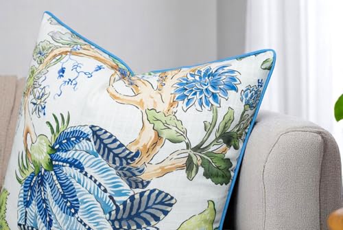 VAGMINE Chinoiserie Floral 20x20 Inch Throw Pillow Cover - Blue Green Botanical Print On Textured Polyester - Cushion Case for Couch Sofa - Grandmillennial Decor - Reuben - color: Reuben Floral, size: 20" x 20" (Pack of 1)