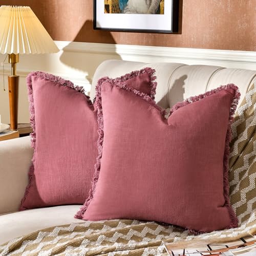 AmHoo Pack of 2 Linen Pillow Covers with Tassels Fringed Decorative Rustic Natural Throw Pillowcase Cushion for Couch Sofa Bedroom 20 x 20-Inch Dusty Rose - color: Dusty Rose, size: 20" x 20" (Pack of 2)
