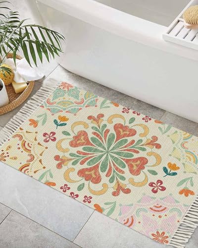 Beige Boho Bathroom Rug 2' x 3', Retro Ethnic Shabby Colorful Floral Patterned Low Profile Front Entryway Rug with Tassels, Woven Cotton Washable Kitchen Mat Carpet for Foyer Bedroom Back Door Decor - color: Multicolor Linen, size: 2' x 3' (Rectangular)