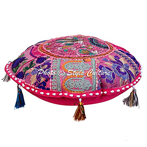 Indian Round Throw Pillows for Bed Vintage Patchwork Floor Cushion Cover Dark Pink Small Throw Pillow Covers 18 x 18 Decorative Decor Tuffet Pouffe Cover Seat Cotton Embroidered 1 Pc - color: Dark Pink