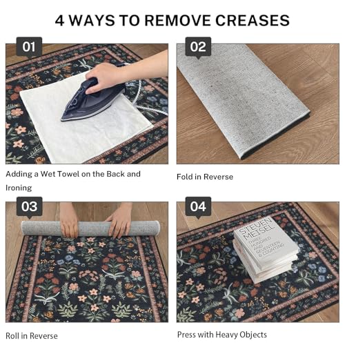 Lansny Boho Entryway Rug 2x3 Washable, Black Navy Floral Kitchen Rug, Super Thin Faux Wool Small Area Rug, Non-Slip Soft Carpet for Foyer, Bedroom, Office - color: Black Navy, size: 2' x 3' (Rectangular)