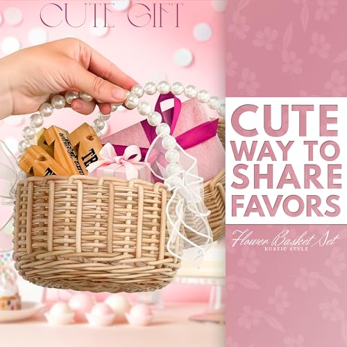 Small Flower Girl Basket Set of 2 - Lightweight Boho Small Wicker Basket with Handle, Pearl Detail, Bows & Waterproof Lining - Summer Wedding, Bridal Shower, Petal Toss, Bridesmaid Gifts & Home Decor - color: Brown Pearl Handle
