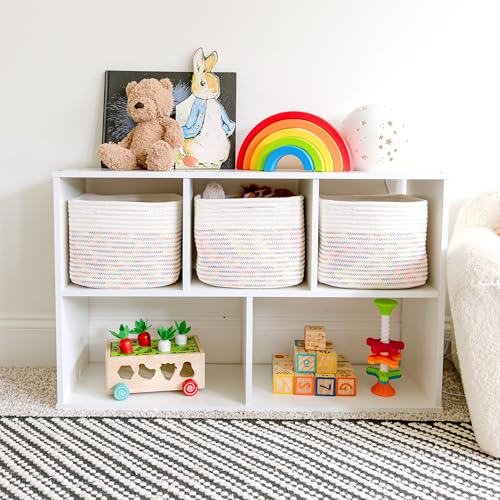 NaturalCozy Storage Cubes 9”x9”x7”Cotton Rope Woven Baskets for Organizing 3-Pack | 9 Inch Cube Storage Bin | Small Basket for Shelf Nursery, Pantry, Decorative Plant, Bathroom Closet, Toy Gift - color: Off White & Rainbow Stitching