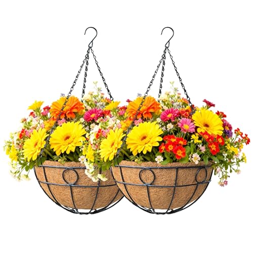 2 Pack 12 Inch Black Metal Hanging Basket Hanging Planter with Coco Coir Liner Heavy Duty Hanging Flower Pot Holder for Indoor Outdoor Patio Garden Porch Balcony Decor (Round) - color: Round
