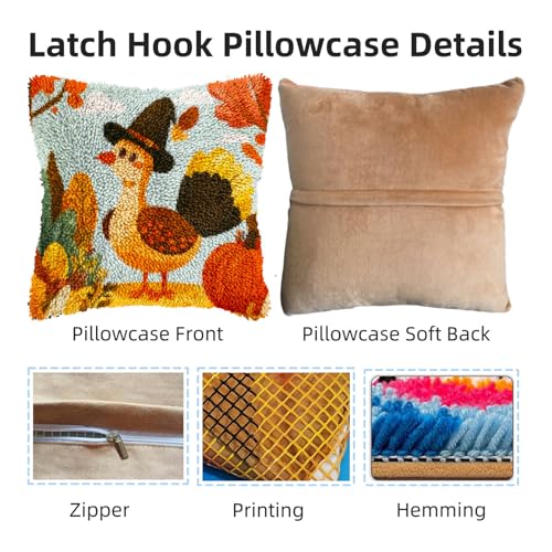 Latch Hook Pillow Kits for Adults Thanksgiving Day Turkey and Pumpkin DIY Pillow Cover Printed Pillowcase Crochet Hooking Yarns Handmade Cushion for Home Sofa Decoration 17x17inch(1) - color: 04-Turkey