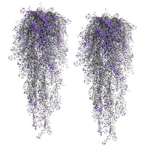 RECUTMS Artificial Vine Plants 2 Pack Fake Hanging Flower Plants Faux Ivy Vine Leaves Plastic Baby Breath Greenery UV Resistant for Home Bedroom Wall Porch Garden Wedding Decor (Purple) - color: Purple-2pcs
