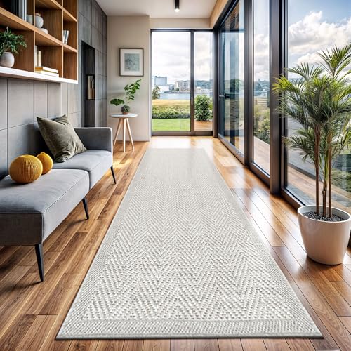 CAMILSON Indoor and Outdoor Runner Rug Off-White Herringbone Seagrass Boho Design Easy-Cleaning Non Shedding Fiber Living Room Bedroom Garden Patio and Kitchen Washable Outside Carpet Alfombras (2x7) - color: Herringbone/Bone, size: 2' x 7' (Rectangular)