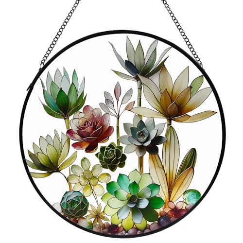 Stained Glass Window Hanging, 9.8'' Succulents Sun Catcher Glass Panel Home Garden Decor with Chain, Green Plants Stained Glass Sunatcher Gift for Nature Lover, Mom, Friends - color: Succulents