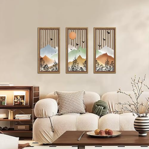 KAIRNE Mountain Landscape Wooden Wall Decor Set or 3(16”X8”) Framed,Boho Orange Wood Hanging Decor,Nature Bohemian Wall Art,Vintage Farmhouse Wooden Sign for Bedroom Living Room Office Decoration - color: Mountain, size: 8"L x 16"W