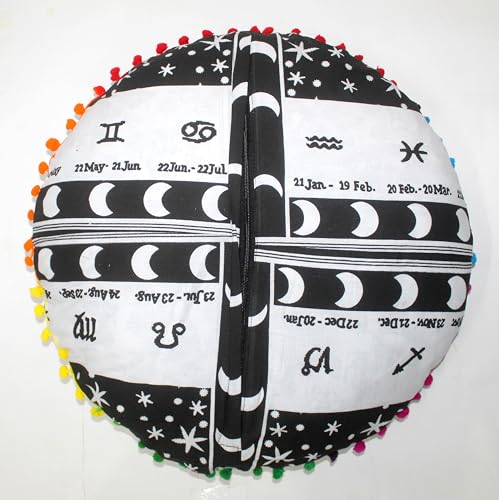 Round Mandala Floor Pillow Cover Seating Cushion Throw Cover Hippie Decorative Bohemian Ottoman Pouf Cover, Pom Pom Pillow Cases,Boho Indian 32 Inches Black and White Zodiac - color: Black/White Zodiac, size: 32" Round
