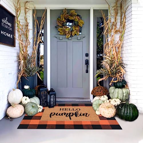 Orange and Black Plaid Rug, 28'' x 43'' Fall Outdoor Front Door Decor Mat, Cotton Washable Hand-Woven Rug for Layered Doormat, Autumn Halloween Thanksgiving Carpet for Porch, Entryway - color: Orange & Black Plaid, size: 2'4" x 3'7" (Rectangular)