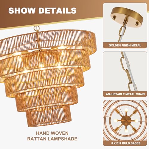 25.6" Large Boho Rattan Chandelier 8-Light Farmhouse Hand-Woven Drum Light Fixture, Vintage Rustic Wicker Rattan Gold Chandelier for Dining Room, Bedroom, Kitchen, Living Room, E12 Base - color: Gold 25IN