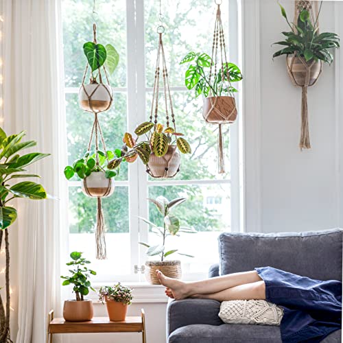 Mkono Macrame Plant Hangers Set of 4 Indoor Hanging Planter Basket Wall Decorative Flower Pot Holder with 4 Hooks for Indoor Outdoor Home Decor Gift Box, Brown - color: Brown
