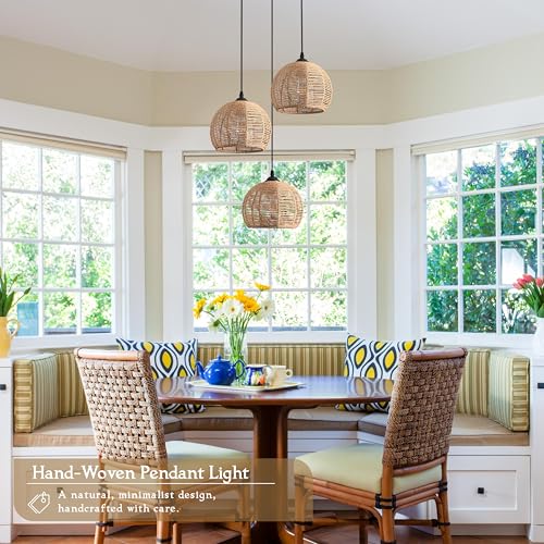 3-Light Mini Hemp Rope Woven Pendant Light Kitchen Island,3 Dome Hand Woven Boho Rattan Chandelier Farmhouse Wicker Ceiling Light,rustic Light Fixture For Living Room Hallway Dining Room(Bulb Incl. - color: 11.8" Natural 3-Light
