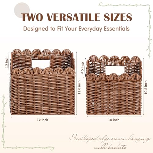 2 Pack Scalloped Wicker Hanging Basket, Woven Hanging Wall Basket for Organizing and Decor,Pe Rattan Wall Mounted Storage Baskets for Farmhouse Home,Door,Entryway,Flower,Mail,Plant