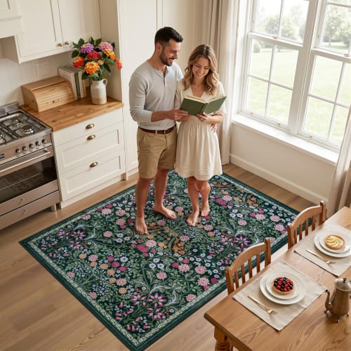 Area Rug Living Room Rugs: Floral 3x5 Washable Rug Vintage Soft Boho Non-Slip Carpet Indoor Floor Stain Resistant Large Carpets for Bedroom Dining Room Farmhouse Nursery Hallway Dark Green - color: Dark Green, size: 3' x 5' (Rectangular)