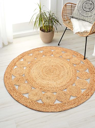 Hand Woven Braided Jute Rug - 3' Round - Reversible Farmhouse Rugs for Living Room, Bedroom, Dining Room, Kitchen - Natural Decorative Floor Circle Boho Entry Area Rugs - Round Rug 3ft - color: Natural Jute 6, size: 3' (Round)