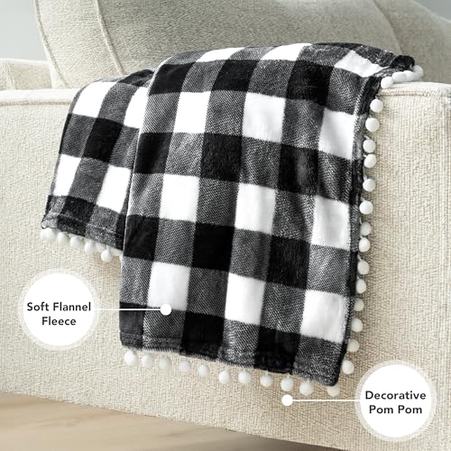PAVILIA Black White Fleece Throw Blanket for Couch with Pom Pom Fringe, Buffalo Checkered Plaid, Soft Cozy Fuzzy Flannel Blanket for Sofa Bed, Lightweight Plush All Season Throw, 50x60 Inches - color: Checkered White, size: 50"x60"