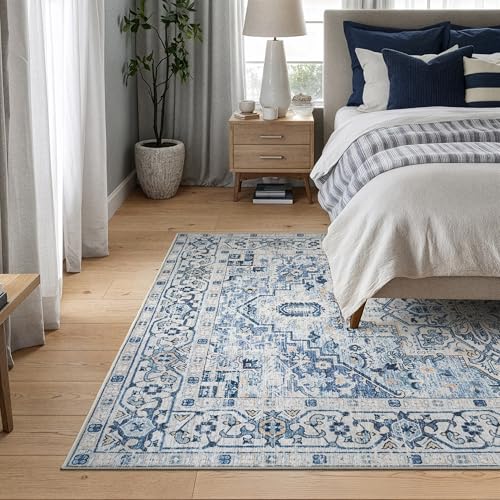 Bloom Rugs Caria Washable Non-Slip 4x6 Rug - Blue Traditional Area Rug for Living Room, Bedroom, Dining Room, and Kitchen - Exact Size: 4' x 6' - color: Blue, size: 4' x 6' (Rectangular)