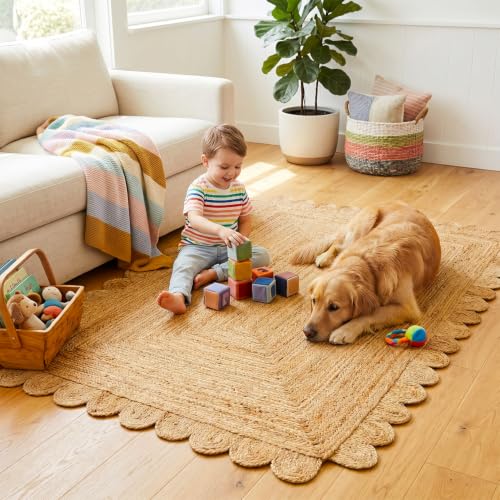 GRUHUM Scalloped Jute Area Rugs 5'x8' ft Natural Fiber Handwoven Boho Reversible Farmhouse Soft Braided Rug Indoor Ecofriendly Livingroom Bedroom Kitchen Hallways Enterways Rectangular Rug - color: Natural-55, size: 5' x 8' (Rectangular)